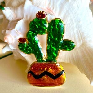 70s Enamel Pitted Cactus Gold tone Vintage Brooch